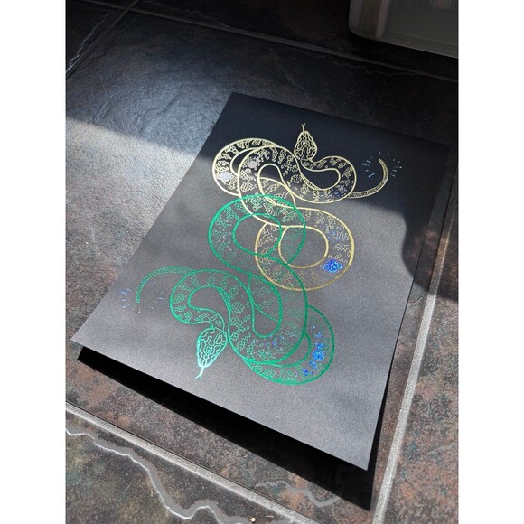 Green & Gold Foil Snake Print Art Unique Gift - Picture 2 of 2